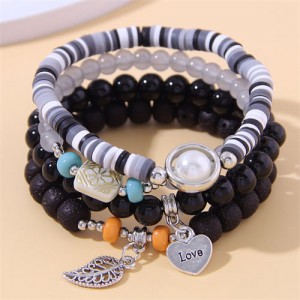 Bohemian Fashion Love and Leaf Pendants Multi-layers Women Bracelet - Black