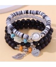 Bohemian Fashion Love and Leaf Pendants Multi-layers Women Bracelet - Black