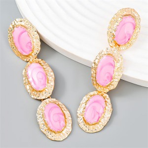 Vintage Style Oval Dangle Long Design U.S. Fashion Statement Earrings - Pink