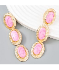 Vintage Style Oval Dangle Long Design U.S. Fashion Statement Earrings - Pink