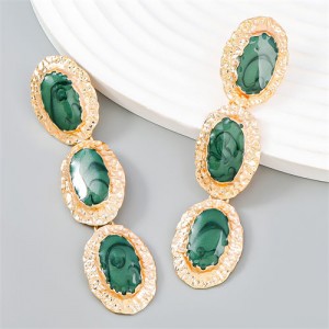 Vintage Style Oval Dangle Long Design U.S. Fashion Statement Earrings - Ink Green