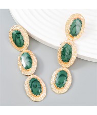 Vintage Style Oval Dangle Long Design U.S. Fashion Statement Earrings - Ink Green