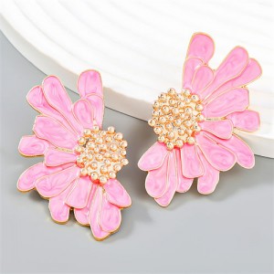 Vintage Oil-spot Glaze Flower Fashion Wholesale Women Stud Earrings - Pink