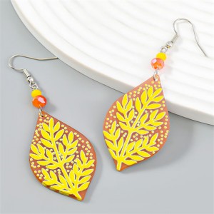 Popular Art Style Leaves Printed Drop Pendant Wholesale Fashion Women Earrings