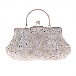 Retro Style Gorgeous Shiny Embroidered Beaded Women Evening Handbag - White