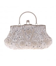 Retro Style Gorgeous Shiny Embroidered Beaded Women Evening Handbag - White