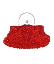 Retro Style Gorgeous Shiny Embroidered Beaded Women Evening Handbag - Red