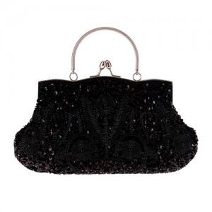 Retro Style Gorgeous Shiny Embroidered Beaded Women Evening Handbag - Black