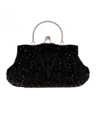 Retro Style Gorgeous Shiny Embroidered Beaded Women Evening Handbag - Black