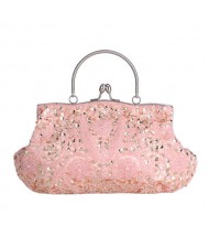 Retro Style Gorgeous Shiny Embroidered Beaded Women Evening Handbag - Pink