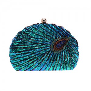 Vintage Peacock Feather Pattern Design Glitter Fashion Women Evening Handbag - Blue