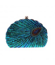 Vintage Peacock Feather Pattern Design Glitter Fashion Women Evening Handbag - Blue