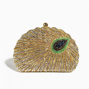 Vintage Peacock Feather Pattern Design Glitter Fashion Women Evening Handbag - Golden