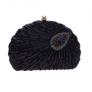 Vintage Peacock Feather Pattern Design Glitter Fashion Women Evening Handbag - Black