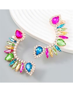 Exaggerated Super Shiny Rhinestone Curved Design Wholesale Fashion Earrings - Blue Green