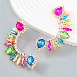 Exaggerated Super Shiny Rhinestone Curved Design Wholesale Fashion Earrings - Rose Blue