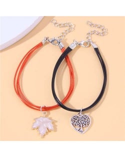Red and Black Rope Texture Maple Leaf and Tree Charm Fashion Friendship Bracelets