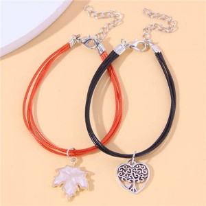 Red and Black Rope Texture Maple Leaf and Tree Charm Fashion Friendship Bracelets