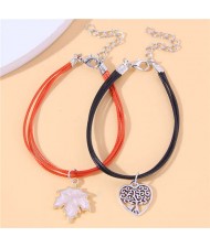 Red and Black Rope Texture Maple Leaf and Tree Charm Fashion Friendship Bracelets