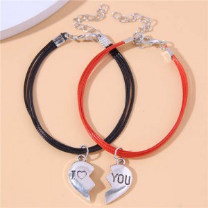 Red and Black Rope Texture Heart Charm Fashion Lovers Bracelets