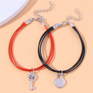 Red and Black Rope Texture Key and Lock Charm Fashion Lovers Bracelets