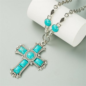 Vintage Style Classic Cross Pendant Wholesale Women Statement Necklace - Blue