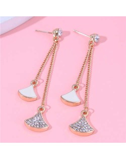 Rhinestone Decorated Leaves Pendant Long Tassel Design Wholesale Fashion Stud Earrings - White