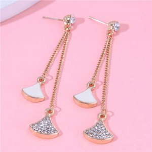Rhinestone Decorated Leaves Pendant Long Tassel Design Wholesale Fashion Stud Earrings - White