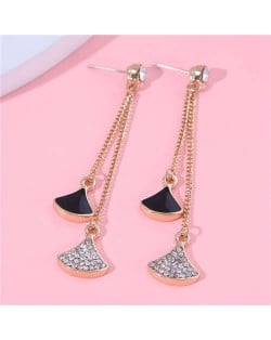 Rhinestone Decorated Leaves Pendant Long Tassel Design Wholesale Fashion Stud Earrings - Black