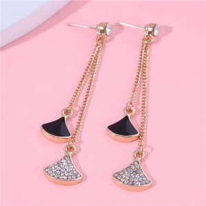 Rhinestone Decorated Leaves Pendant Long Tassel Design Wholesale Fashion Stud Earrings - Black