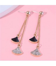 Rhinestone Decorated Leaves Pendant Long Tassel Design Wholesale Fashion Stud Earrings - Black