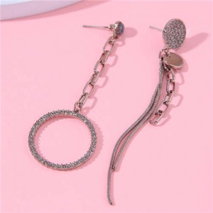 Rhinestone Decorated Dangle Hoop and Long Tassel Chain Wholesale Stud Earrings