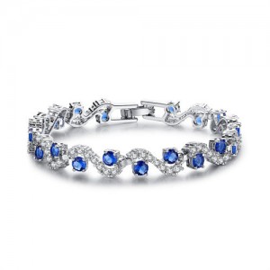 Wavy Design Fashion Bangle Micro Inset Cubic Zirconia Women Bracelet - Blue