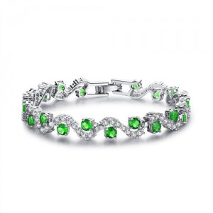 Wavy Design Fashion Bangle Micro Inset Cubic Zirconia Women Bracelet - Green