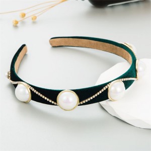 Korean Hair Accessories Wholesale Retro Velvet Rhinestone Pearl Hair Hoop - Green