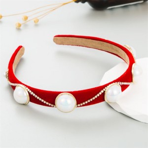 Korean Hair Accessories Wholesale Retro Velvet Rhinestone Pearl Hair Hoop - Red