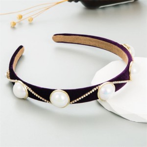 Korean Hair Accessories Wholesale Retro Velvet Rhinestone Pearl Hair Hoop - Purple