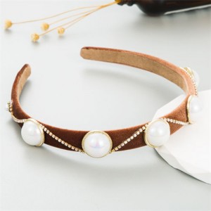 Korean Hair Accessories Wholesale Retro Velvet Rhinestone Pearl Hair Hoop - Brown