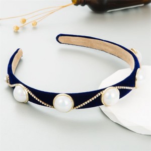 Korean Hair Accessories Wholesale Retro Velvet Rhinestone Pearl Hair Hoop - Blue