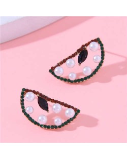 Pearl and Rhinestone Embellished Hollow Watermelon Design Wholesale Women Stud Earrings