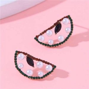 Pearl and Rhinestone Embellished Hollow Watermelon Design Wholesale Women Stud Earrings