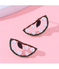 Pearl and Rhinestone Embellished Hollow Watermelon Design Wholesale Women Stud Earrings