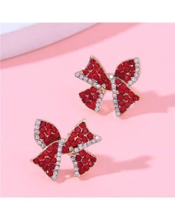 Sweet Shining Rhinestone Red Bowknot Design Korean Fashion Women Stud Earrings