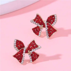 Sweet Shining Rhinestone Red Bowknot Design Korean Fashion Women Stud Earrings