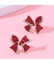 Sweet Shining Rhinestone Red Bowknot Design Korean Fashion Women Stud Earrings