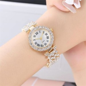 Rome Classic Design Rhinestone Full Paved Wholesale Fashion Women Watch - Golden