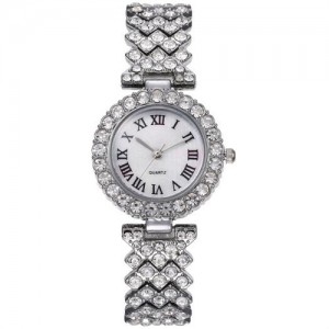 Rome Classic Design Rhinestone Full Paved Wholesale Fashion Women Watch - Silver