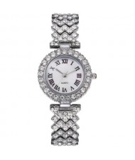 Rome Classic Design Rhinestone Full Paved Wholesale Fashion Women Watch - Silver