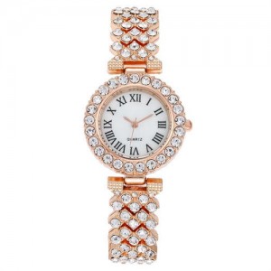 Rome Classic Design Rhinestone Full Paved Wholesale Fashion Women Watch - Rose Gold