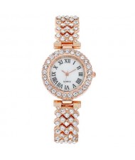 Rome Classic Design Rhinestone Full Paved Wholesale Fashion Women Watch - Rose Gold